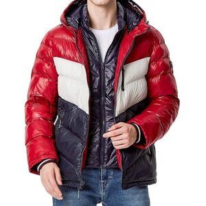Tommy Hilfiger blue white red coat size medium hooded puffer jacket coat